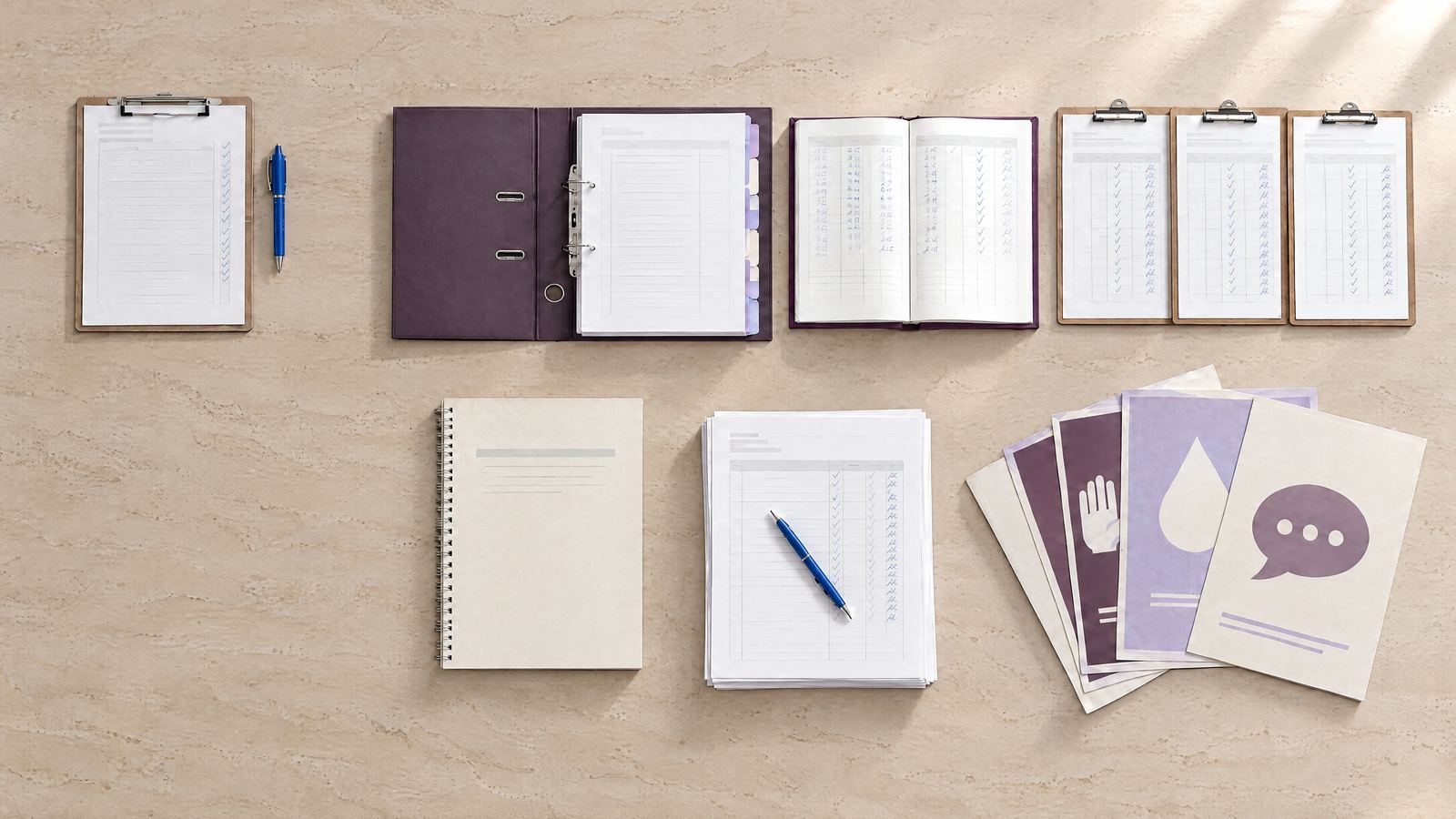 Accreditation paperwork laid out on a pale stone desk, seen from directly above: a folder, a register, clipboards, a policy manual, training records and posters