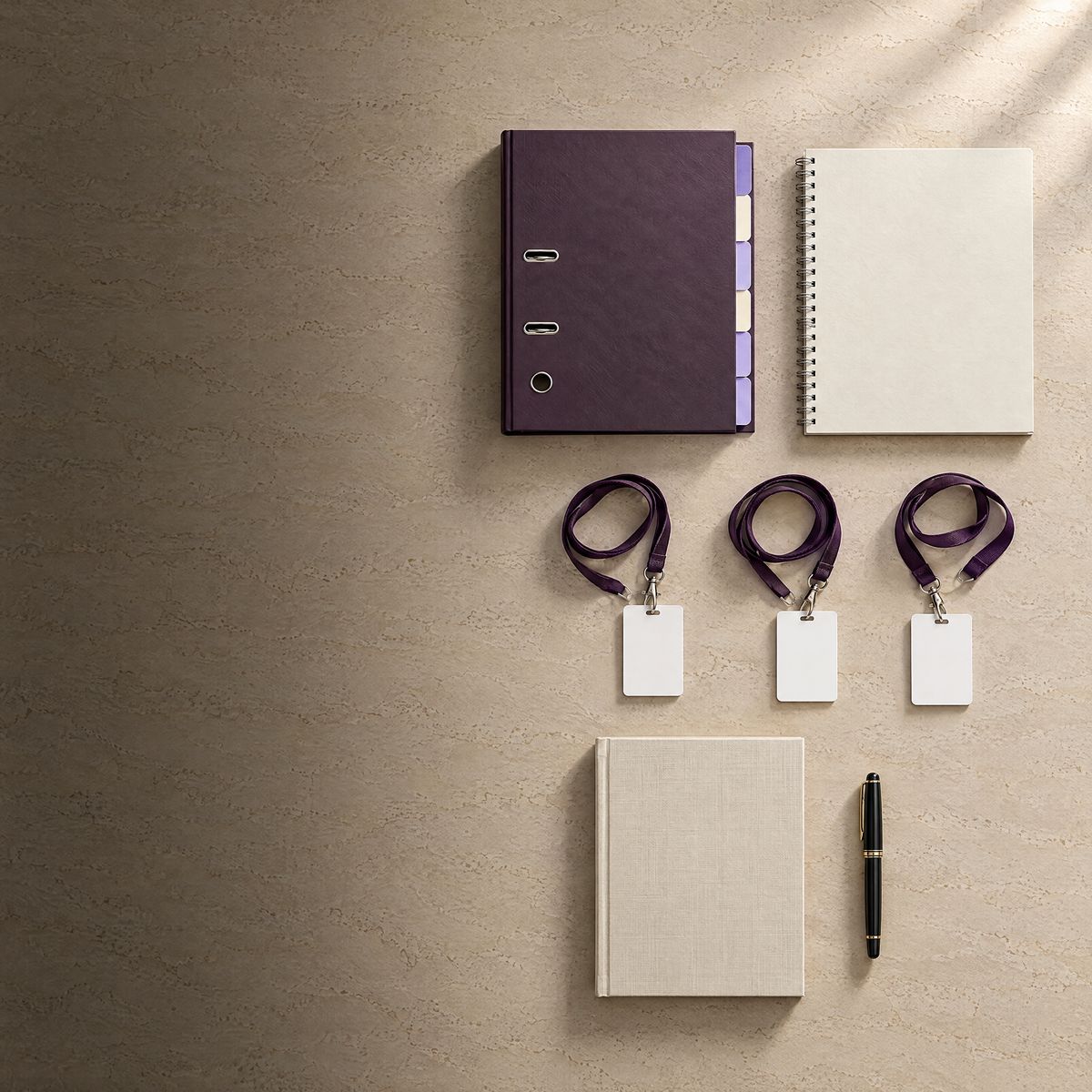 A new practice's folder, policy manual and blank staff lanyards on a stone desk