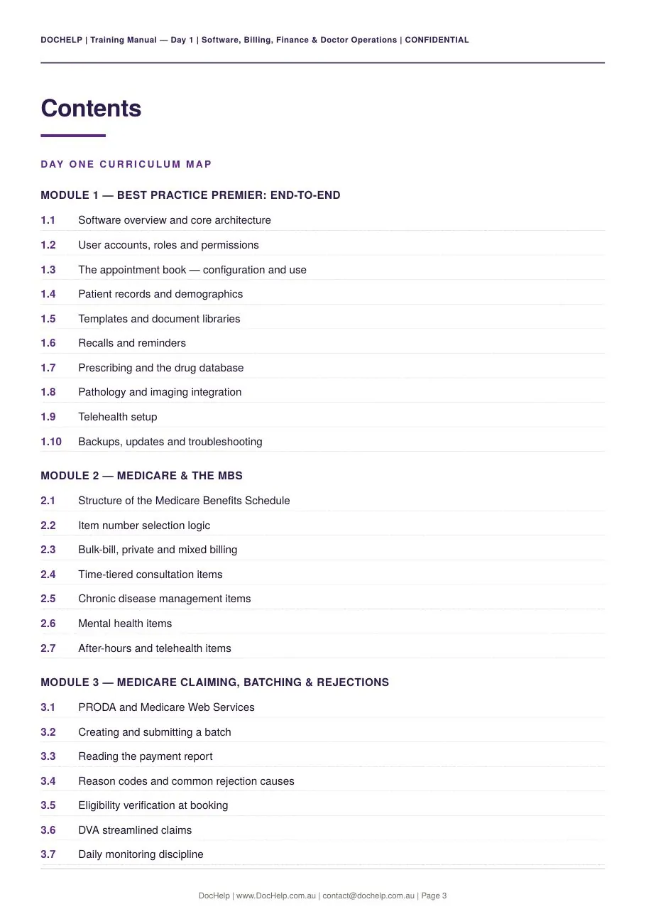 Sample page from a DocHelp Practice Manager training manual: Day 1 curriculum map