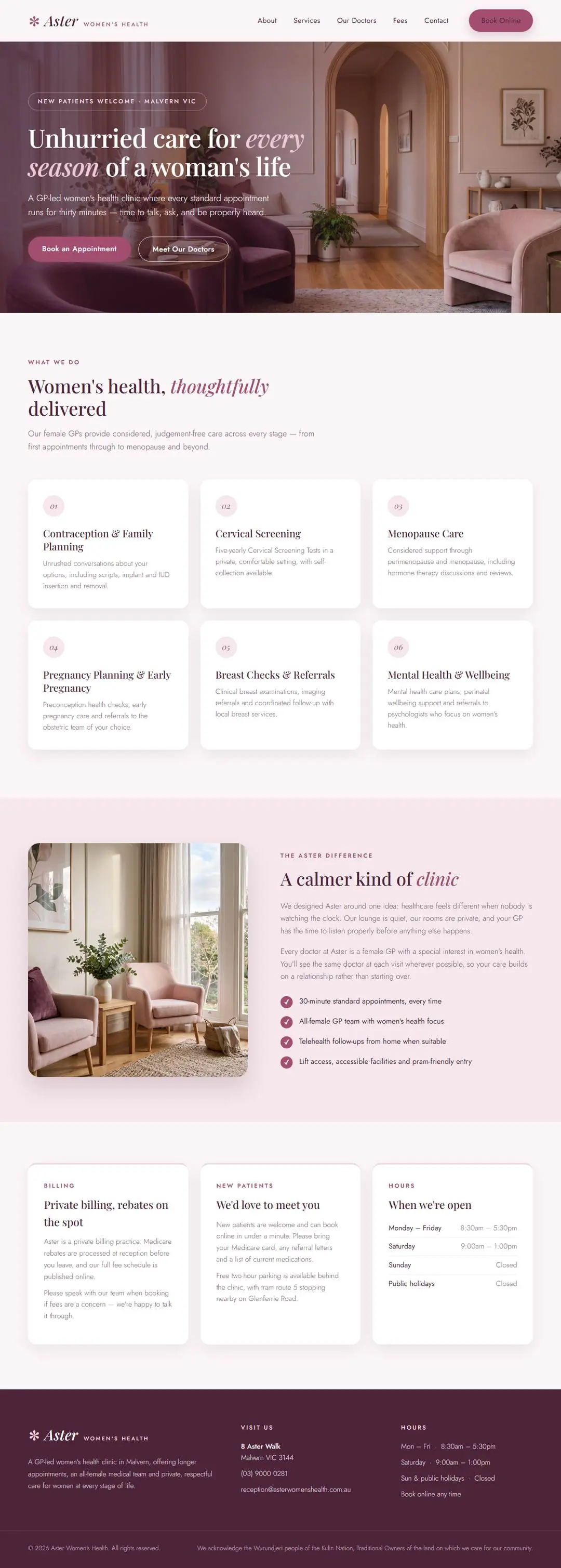 Aster Women's Health concept — elegant blush and plum women's health clinic website