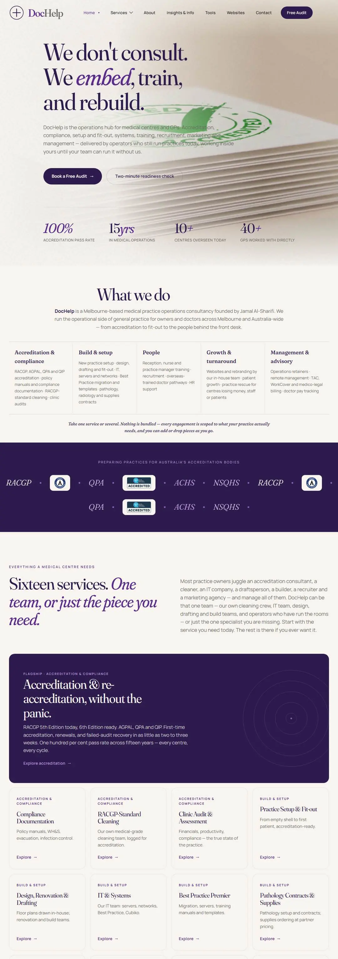 The DocHelp homepage — deep purple and cream design opening on the stamped-paper hero