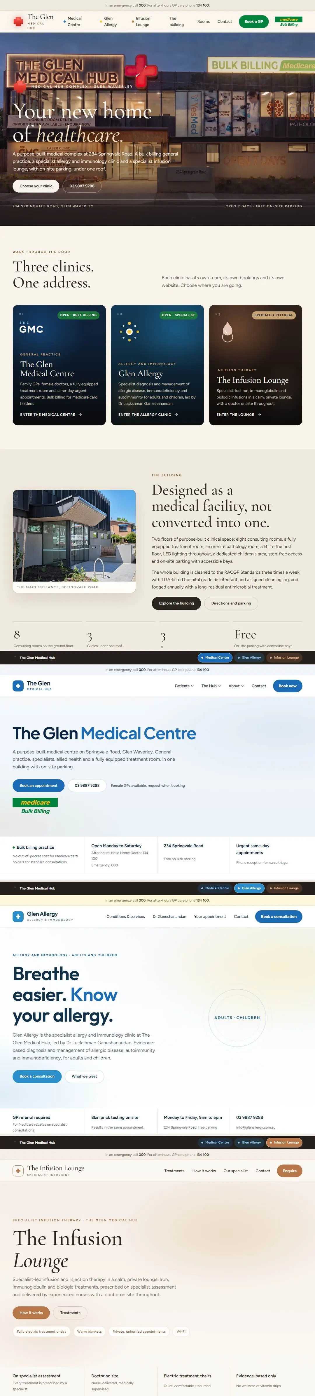 A four-site medical hub build — the hub front door at dusk, then the general practice, allergy clinic and infusion lounge sites