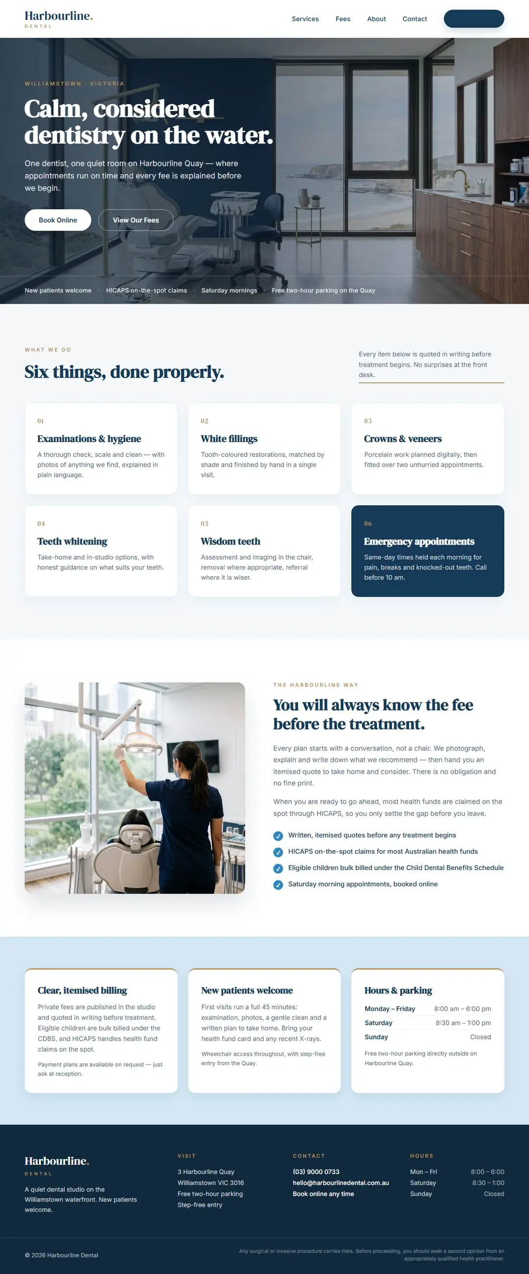 Harbourline Dental concept — calm navy and white premium dental studio website