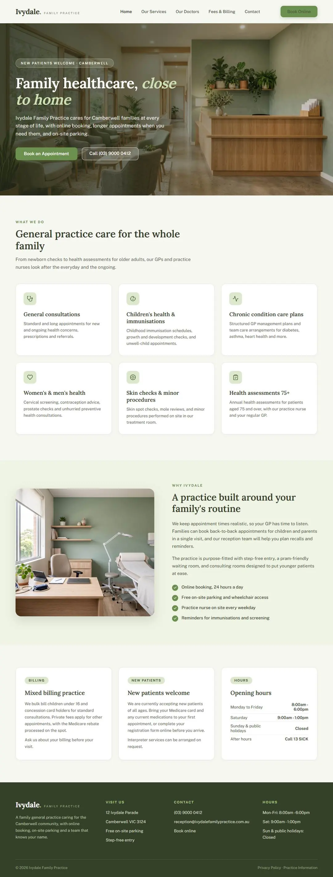 Ivydale Family Practice concept — warm sage-green family GP website with a timber reception hero