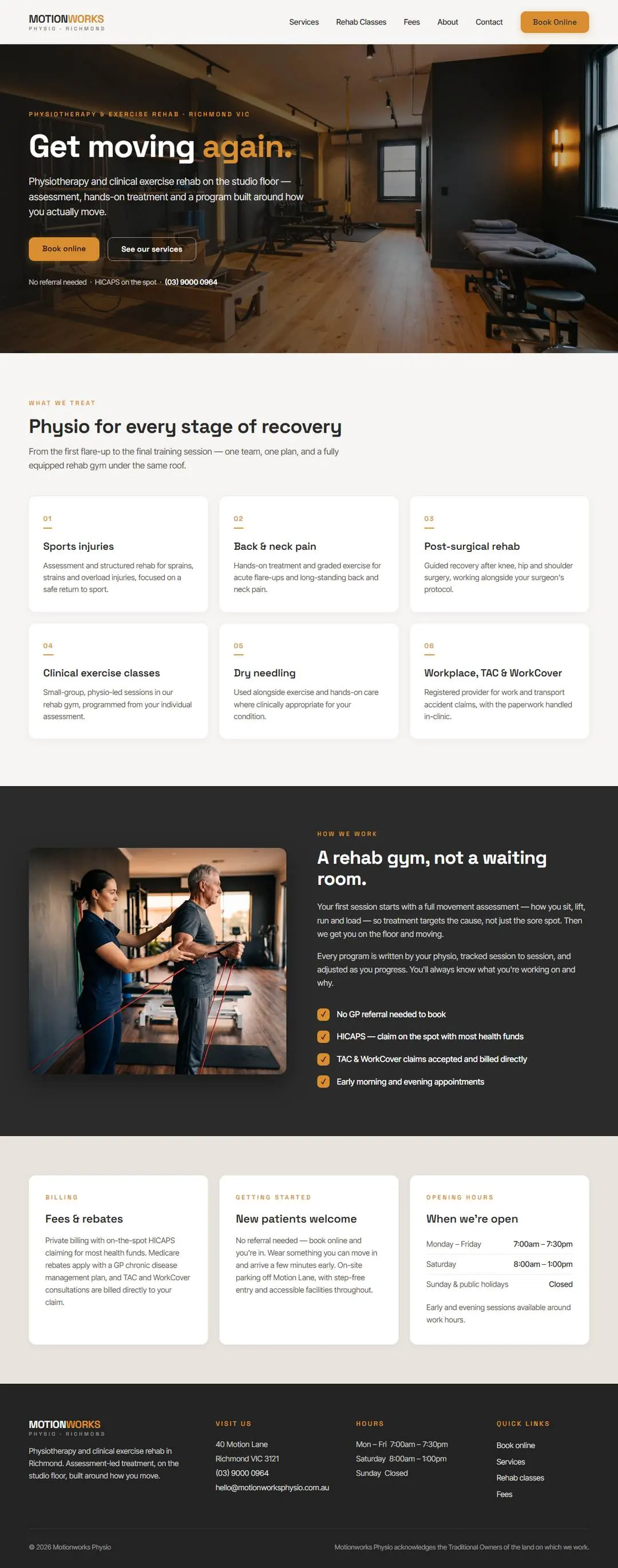Motionworks Physio concept — charcoal and amber physiotherapy studio website